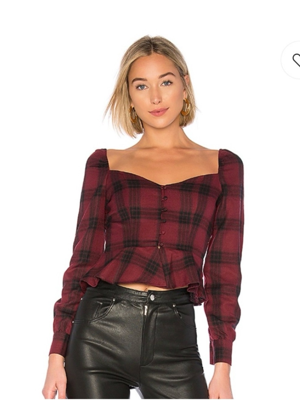 Superdown Plaid Square-Neck Peplum Top in Burgundy